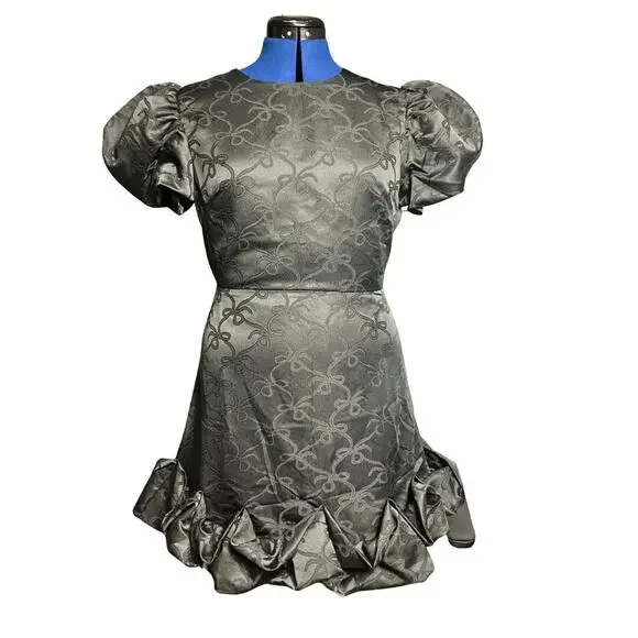 Sister Jane Black Jacquard Puff Sleeve Mini Dress M - Picture 2 of 8